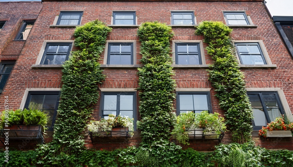 Fototapeta premium brick building facade with lush greenery and window boxes