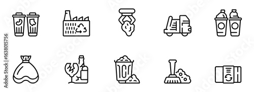 Waste Management Recycling Process:  Clean Line Icons Illustrating Collection, Sorting, Processing, and Disposal of Recyclable Materials.