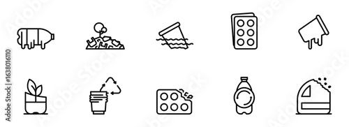 Environmental Pollution and Recycling:  Line Art Icons Set Illustrating Plastic Waste, Decomposition, and Sustainable Growth.