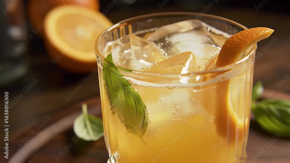 Iced Orange Cocktail with Basil Leaf and Peel Garnishing on Dark Wooden Background Iced Orange Cocktail with Basil Leaf and Peel Garnishing on Dark Wooden Background