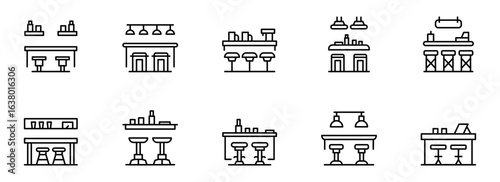 Collection of Minimalist Line Icons: Bar Counters, Stools, and Lighting Fixtures for Modern Interior Design Projects.