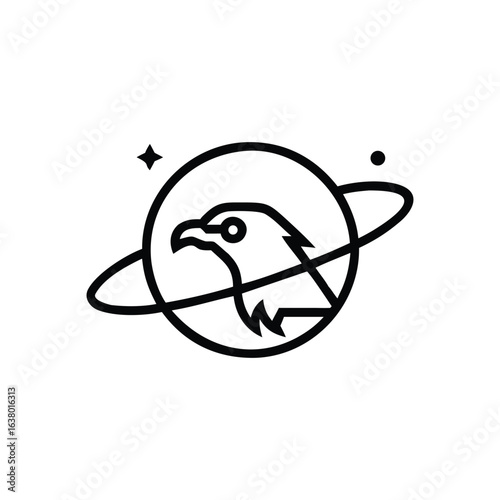Eagle head in a planetary ring logo with star and dot elements hawk bird of prey