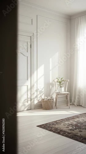 Elegant Room Corner: Bright sunlight shines on white walls, highlighting the white wooden door, chair, basket and carpet, creating a tranquil and refined indoor atmosphere.