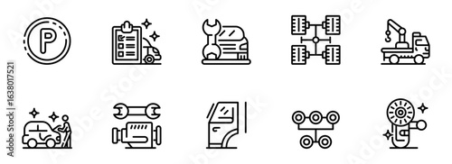 Clean Automotive Repair and Maintenance Line Icons:  Checklist, Wrench, Parking, Truck, Wheel, Chassis, and Towing Service Symbols.