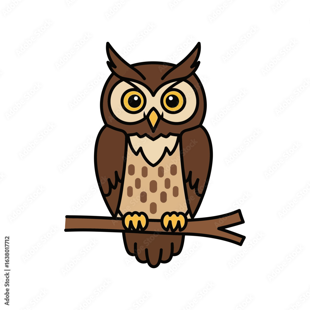 Obraz premium Brown owl perched on a branch with large eyes looking forward.
