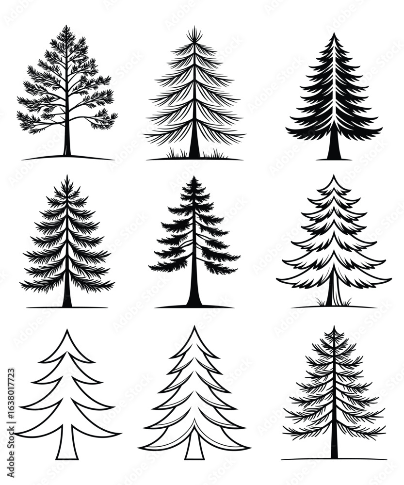 Obraz premium Nine Evergreen Tree Silhouettes Conifer, Pine, Fir, Christmas