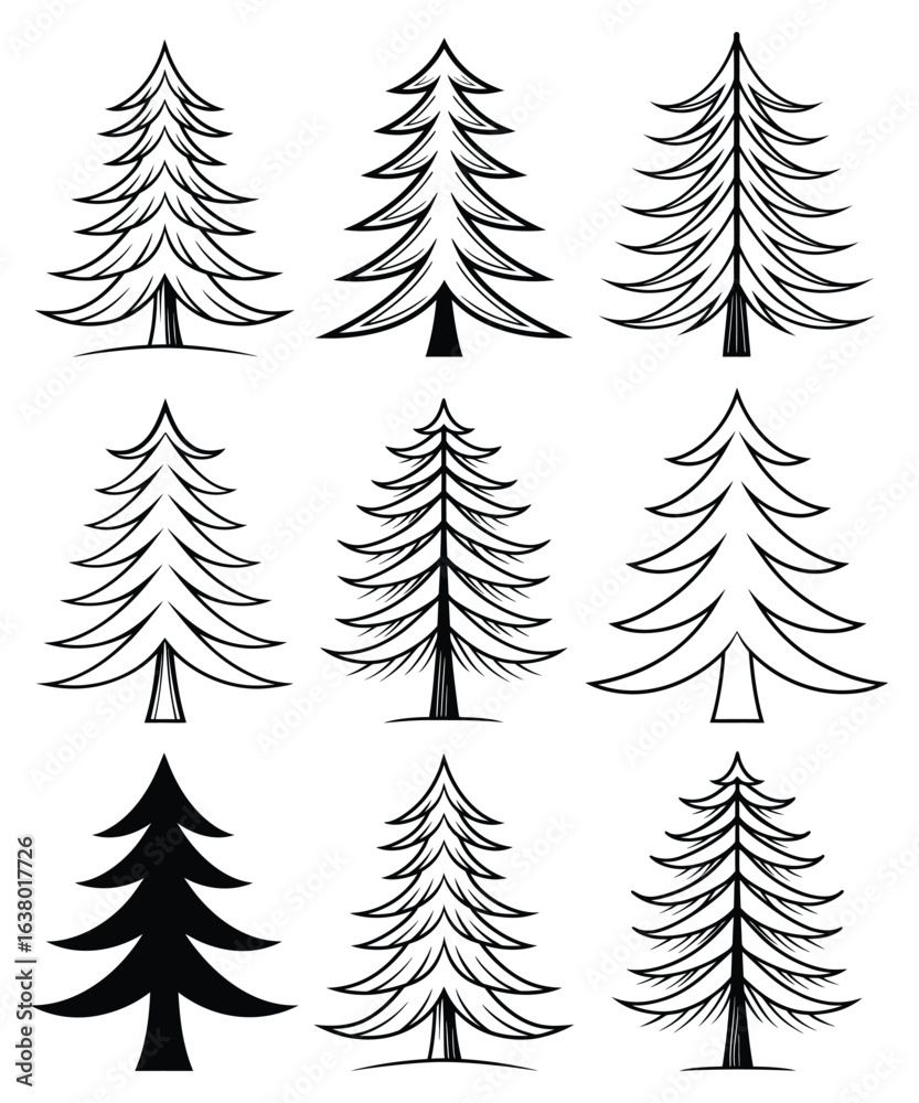 Obraz premium Nine Evergreen Tree Silhouettes Conifer, Pine, Fir, Christmas