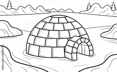 Winter Igloo Scene with Snowy Landscape and Pine Trees Vector Illustration for Coloring and Design, Igloo in snowy landscape, Winter igloo vector, Arctic igloo illustration, Snow house coloring page
