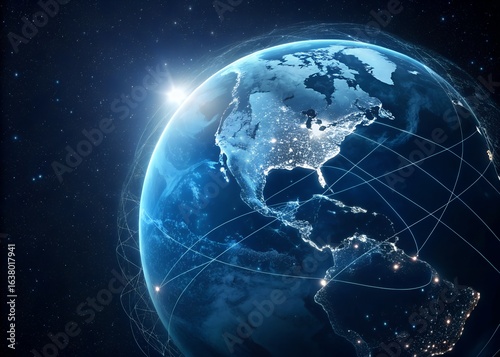 Beautiful illustration of planet earth with connecting lines showcasing global network technology and data transfer against starry backdrop