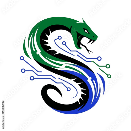 A stylized serpent logo incorporating circuit board elements in shades of green and blue.