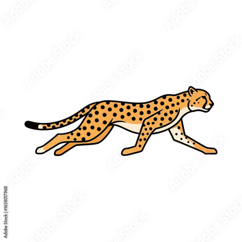 A cheetah runs swiftly with its spotted coat and outstretched limbs.