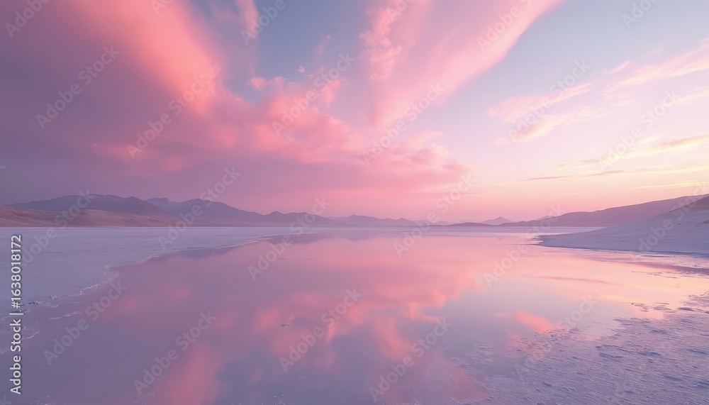 Fototapeta premium Pink and purple sunset sky reflected on salt flat water surface. Soft clouds drift across horizon above distant mountains. Tranquil natural landscape conveys serene beauty and peaceful atmosphere.