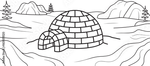 Winter Igloo Scene with Snowy Landscape and Pine Trees Vector Illustration for Coloring and Design, Igloo in snowy landscape, Winter igloo vector, Arctic igloo illustration, Snow house coloring page