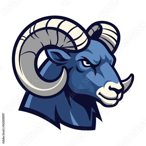 A stylized ram head features curved horns and a blue and gray color scheme.