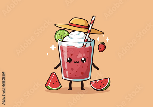 Cute summer drink with a charming appeal, decorated with a straw and a hat, representing refreshing feelings and pleasant emotions.