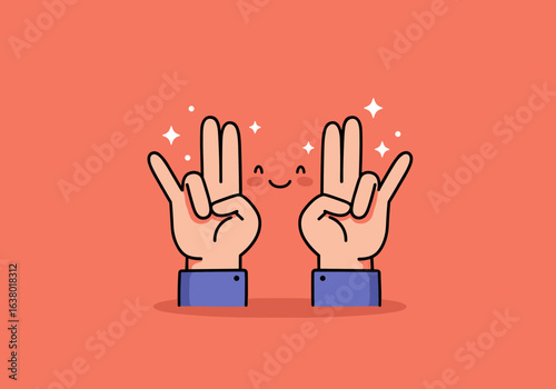 Illustration of two hands showing a peace sign and a happy face, a symbol of joy and harmony. 