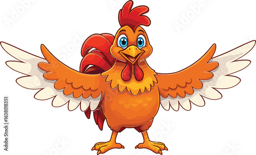Colorful cartoon rooster with wings spread, cheerful farm animal, vibrant illustration, playful character, children's book, educational, animated, bright, fun
