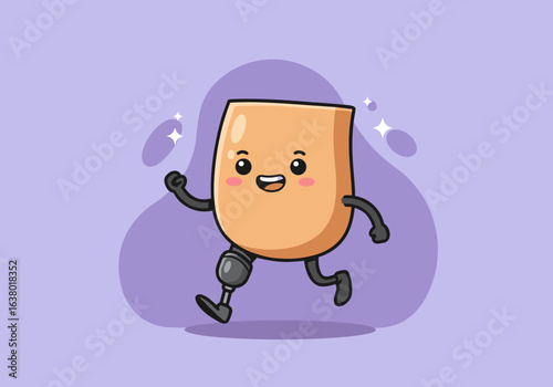 Cartoon illustration of a cute prosthetic leg with happy face in energetic action