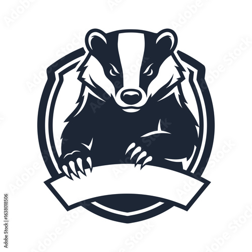 A badger illustration within a shield holding a blank banner.