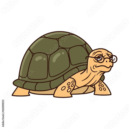Cartoon turtle wearing glasses with a green shell and tan skin.