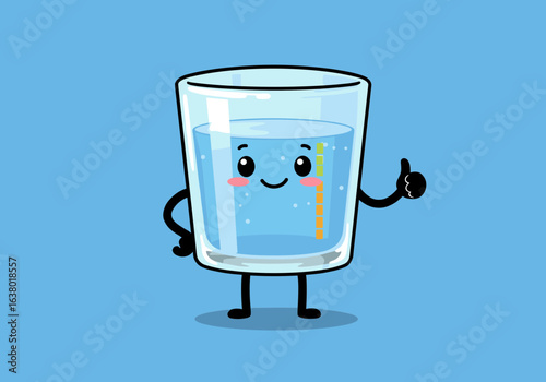 Cheerful water glass mascot gesturing thumbs up with straw, simple cartoon, blue background.