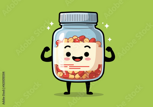 Cartoon jar of medicine pills with arms and legs - Health concept illustration 
