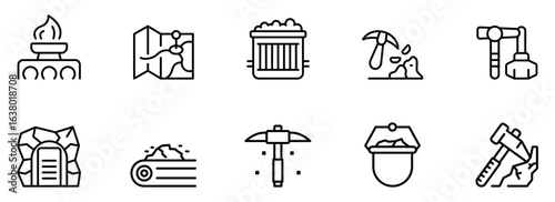 Mining Industry Icon Set:  Black and White Line Art Graphics,  Mineral Extraction,  Geological Survey,  Industrial Equipment,  Resource Exploration,  Vector Illustration.