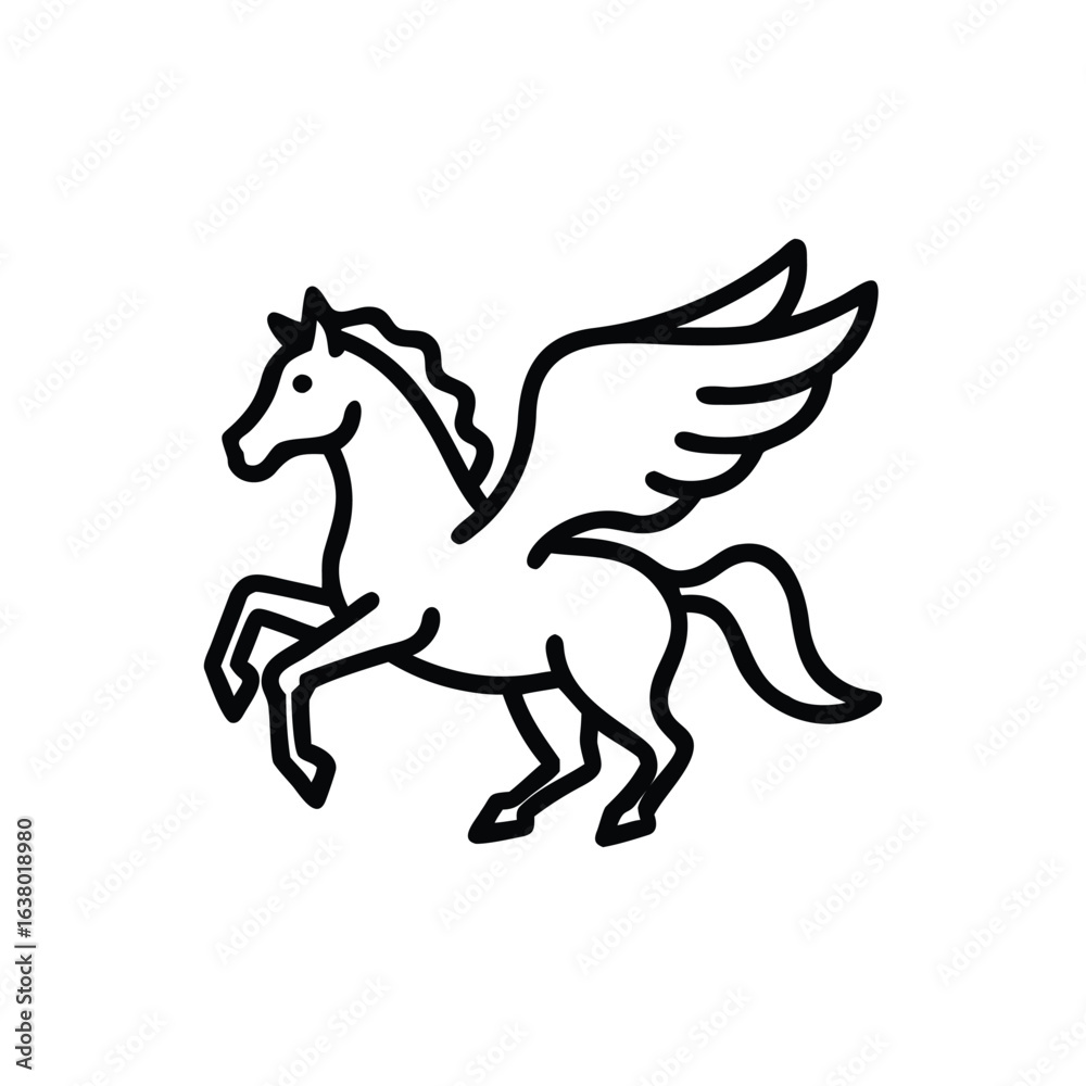 Fototapeta premium Outline Drawing Of A Winged Horse Pegasus In Black On White Background mythical creature