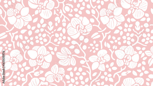 Delicate floral pattern with white orchids and small leaves on a light pink background creating a seamless design