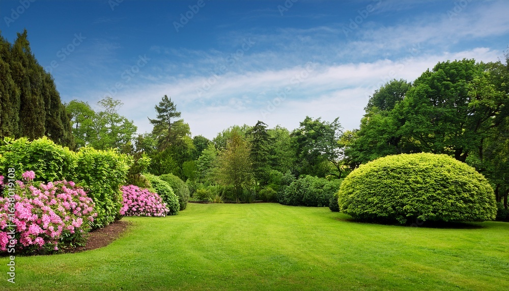 Fototapeta premium isolated lush garden landscape with green trees and flowering bushes