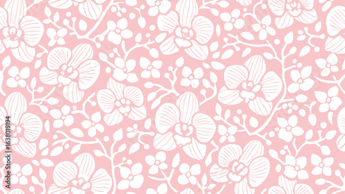 Delicate white floral pattern with orchid blooms on a soft pink background creating a seamless design