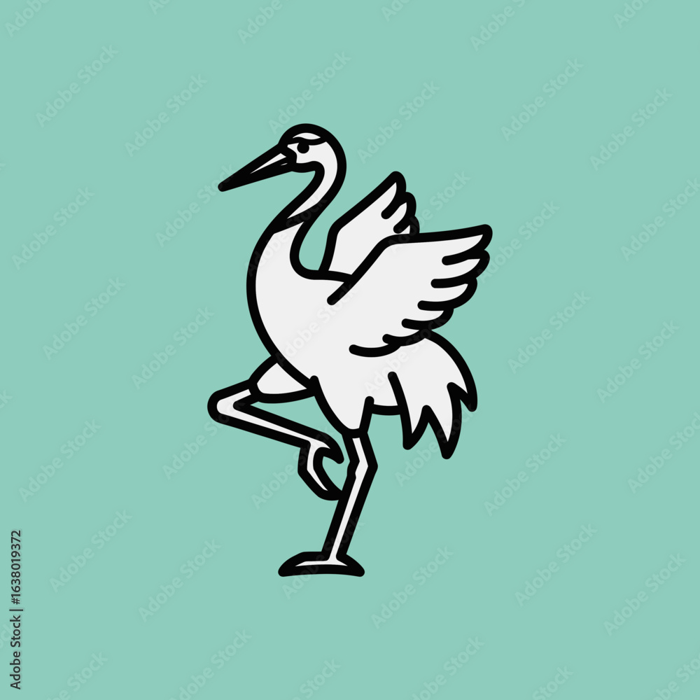 Fototapeta premium A white crane stands on one leg with wings outstretched a line drawing.