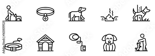 Dog owner icons:  Simple line art illustrations depicting dog care, training, accessories, and pet hygiene for website or app design.