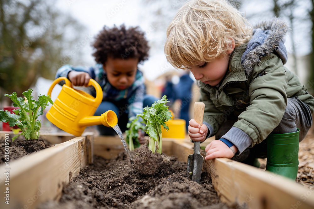 Fototapeta Outdoor kindergarten with kids planting vegetables in garden beds, wooden tools and watering cans, 