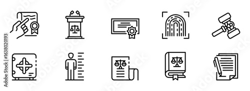 Modern Line Art Icons: Law, Justice, Legal Documents, Fingerprint, and Scales of Justice;  Professional, Clean Style;  Serious, Authoritative Mood.