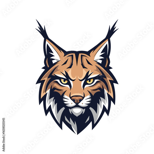 A lynx head illustration features brown fur pointed ears and intense eyes.