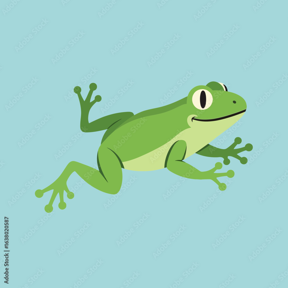 Obraz premium A green frog leaps forward with outstretched limbs.
