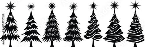 Christmas tree silhouettes, black festive pine trees, star topper decoration, winter holiday design, vector illustration, seasonal art, new year ornament clipart