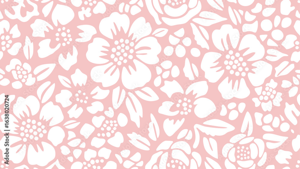 Obraz premium Floral pattern with white flowers and leaves on a light pink background creating a seamless design