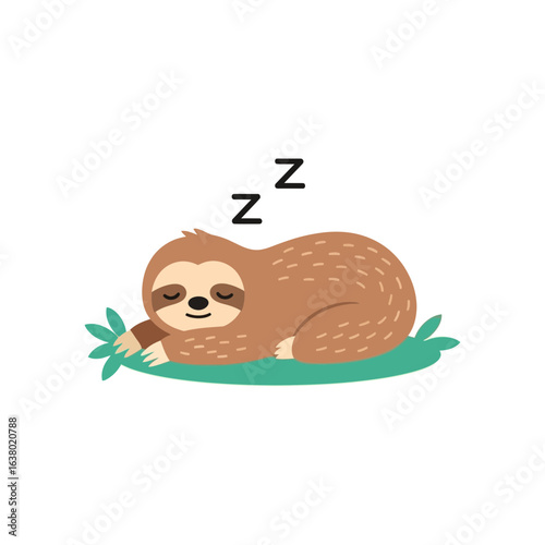 A sloth sleeps peacefully on a green branch with "z" symbols above its head.
