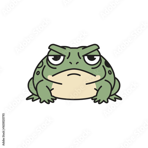 Cartoon frog with a grumpy expression sitting still looking forward.