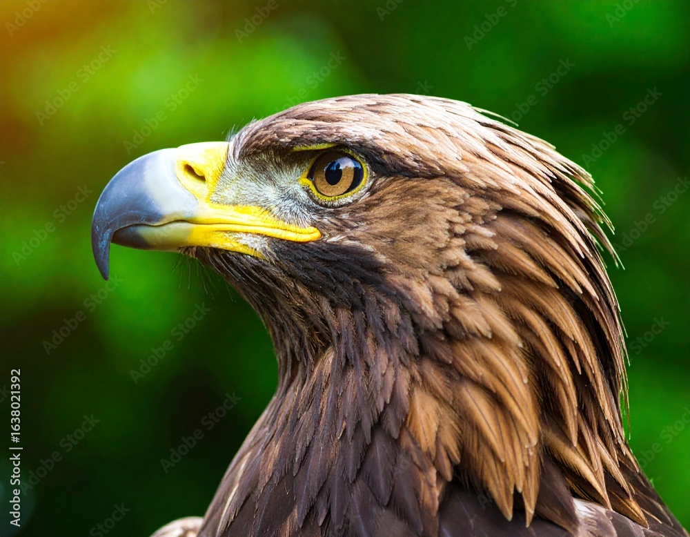 Fototapeta premium Portrait of a Bald Eagle against a backdrop of lush green trees. Majestic bald eagle image nature scene bird photo green foliage wildlife picture outdoor shot.