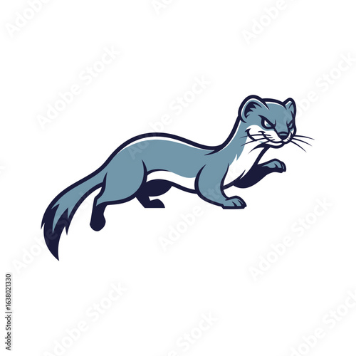 A cartoon weasel with blue fur is running and looking forward.