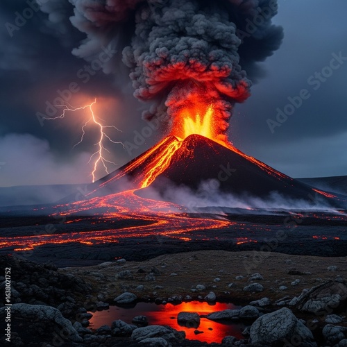 volcano emits lava, volcano erupts