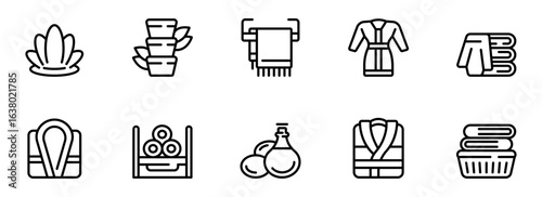 Spa and Wellness Line Icons:  Relaxing Bathrobes, Towels, Essential Oils, Bamboo, and Plants; Clean Minimalist Style, Serene Mood.