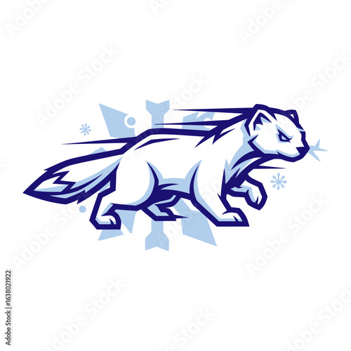 A white weasel runs quickly with motion lines and a blue accent.