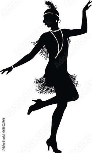 Elegant vintage flapper girl silhouette dancing in 1920s style dress with pearls, headband, and high heels, isolated vector illustration
