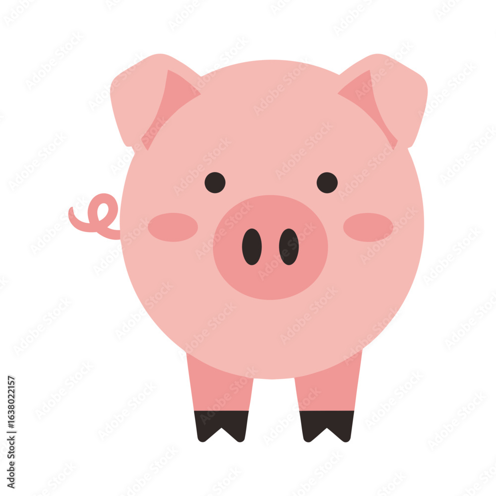 A cartoon pig stands facing forward with a curly tail and small legs. A cartoon pig stands facing forward with a curly tail and small legs.