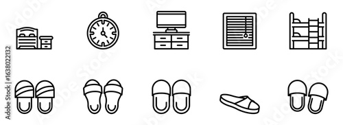 Simple Line Icons: Bedroom Furniture, Clock, Blinds, Bunk Bed, Slippers; Minimalist, Clean, Modern Design for Website or App UI.