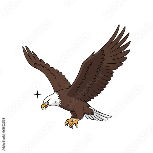 An eagle with outstretched wings is depicted in mid-flight.